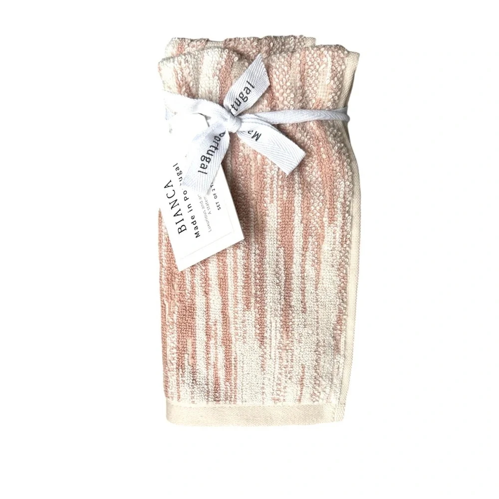 Bianca Cotton Tip Towels Set of 2 Made in Portugal Dusty light Peach & Ivory NEW